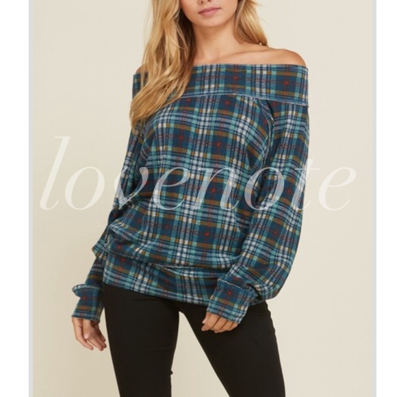LAST 1 ❤️ Off the Shoulder Sweater Plaid Blouse - Picture 2 of 5